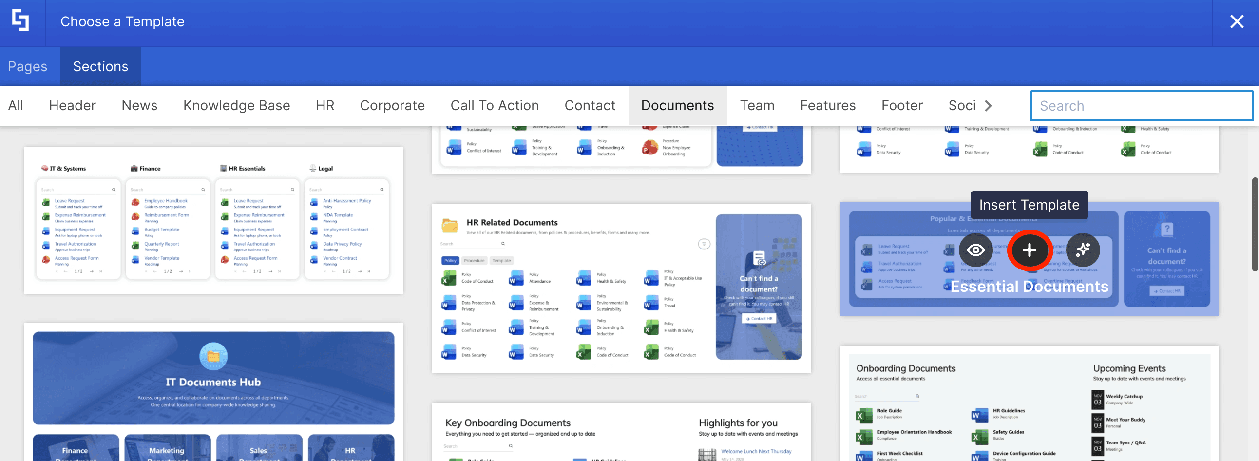 Clicking the insert template plus icon on the document template you want to use
