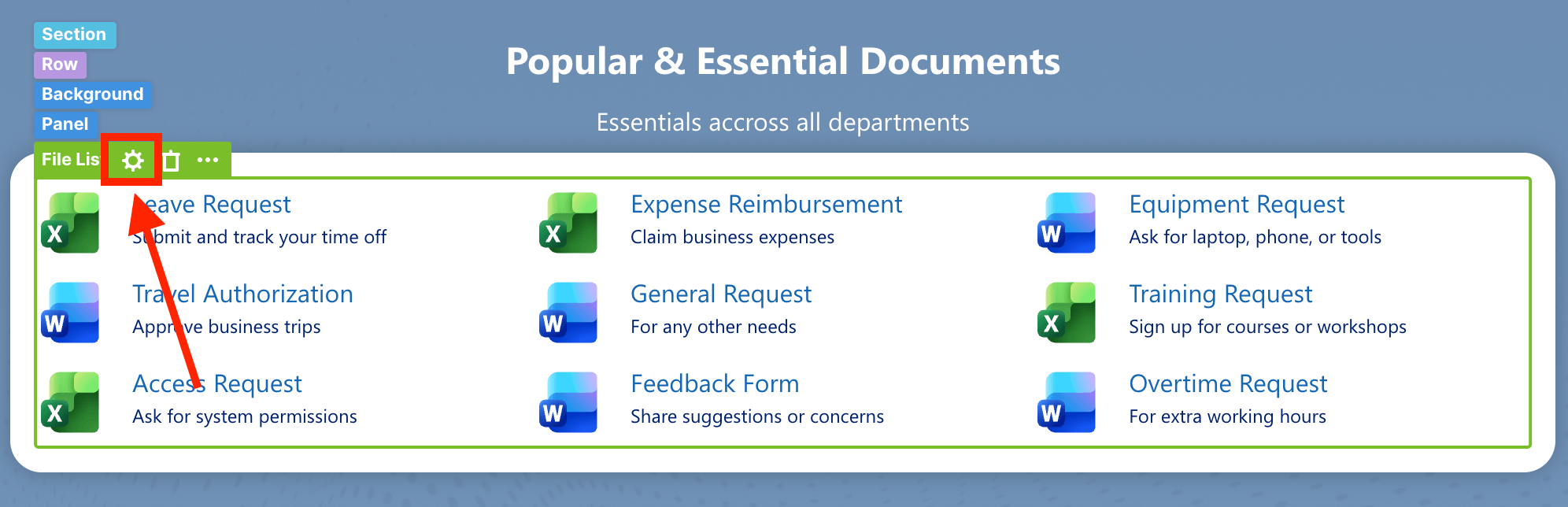 Clicking the green element cogwheel icon on the live page template