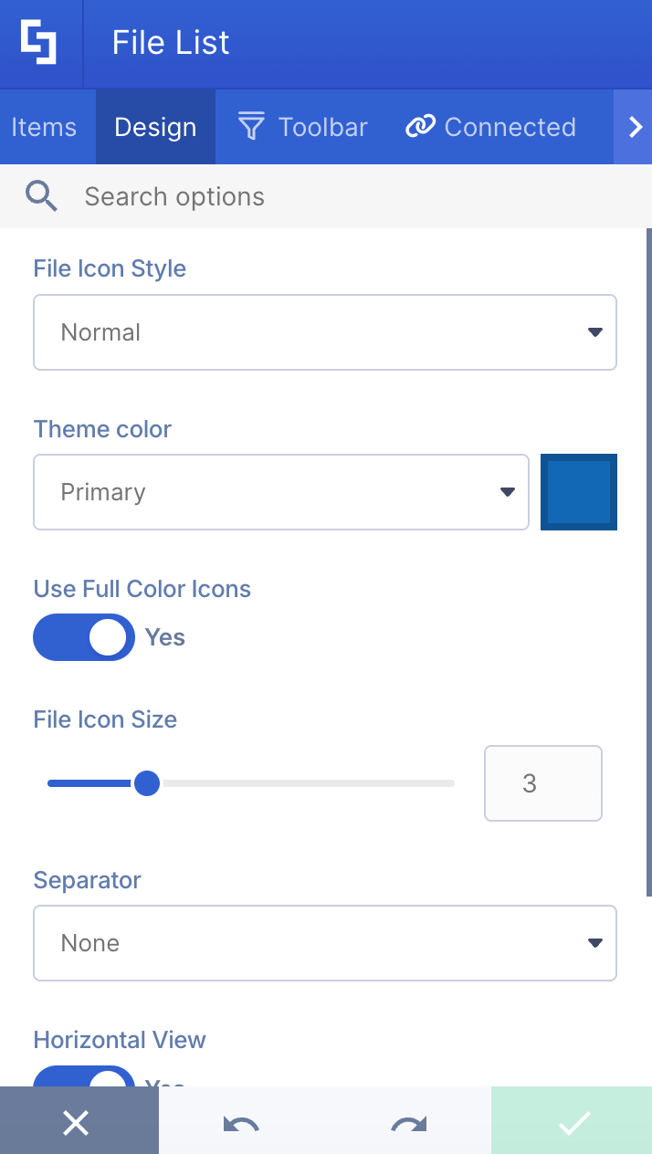 Adjusting the file icon size and style options under the design tab