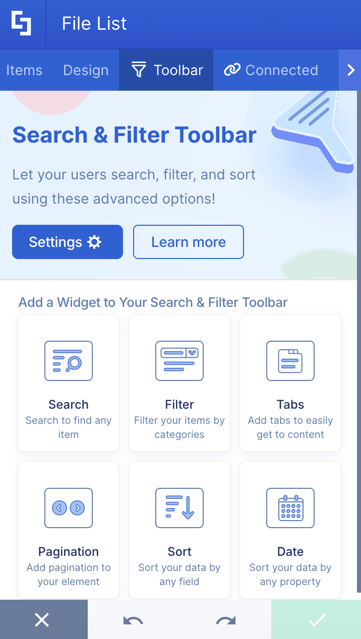 Selecting widgets from the search and filter toolbar to improve file sorting