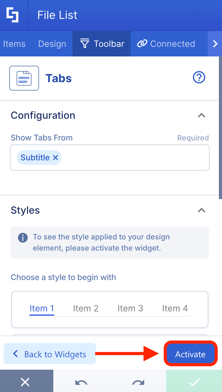 Clicking the blue activate button to deploy the widget