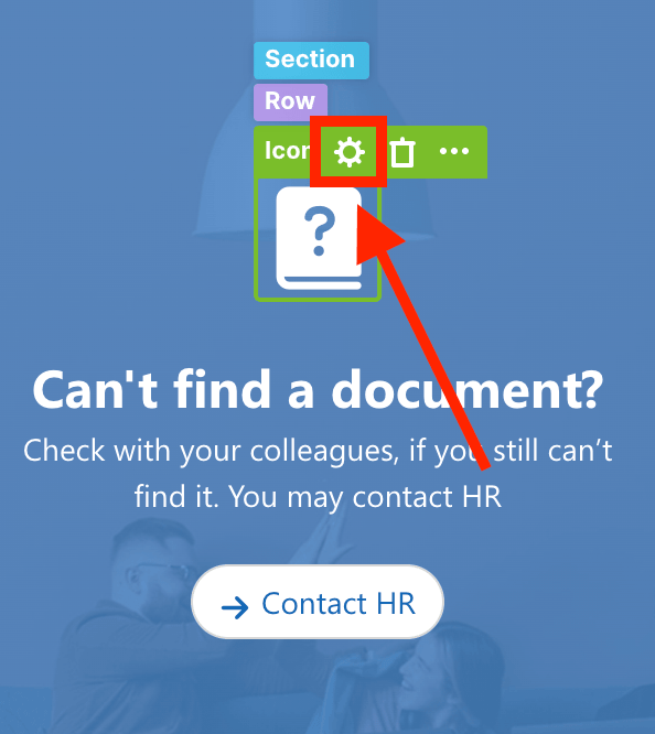Clicking the cogwheel icon to opent the Settings window of the Design Element