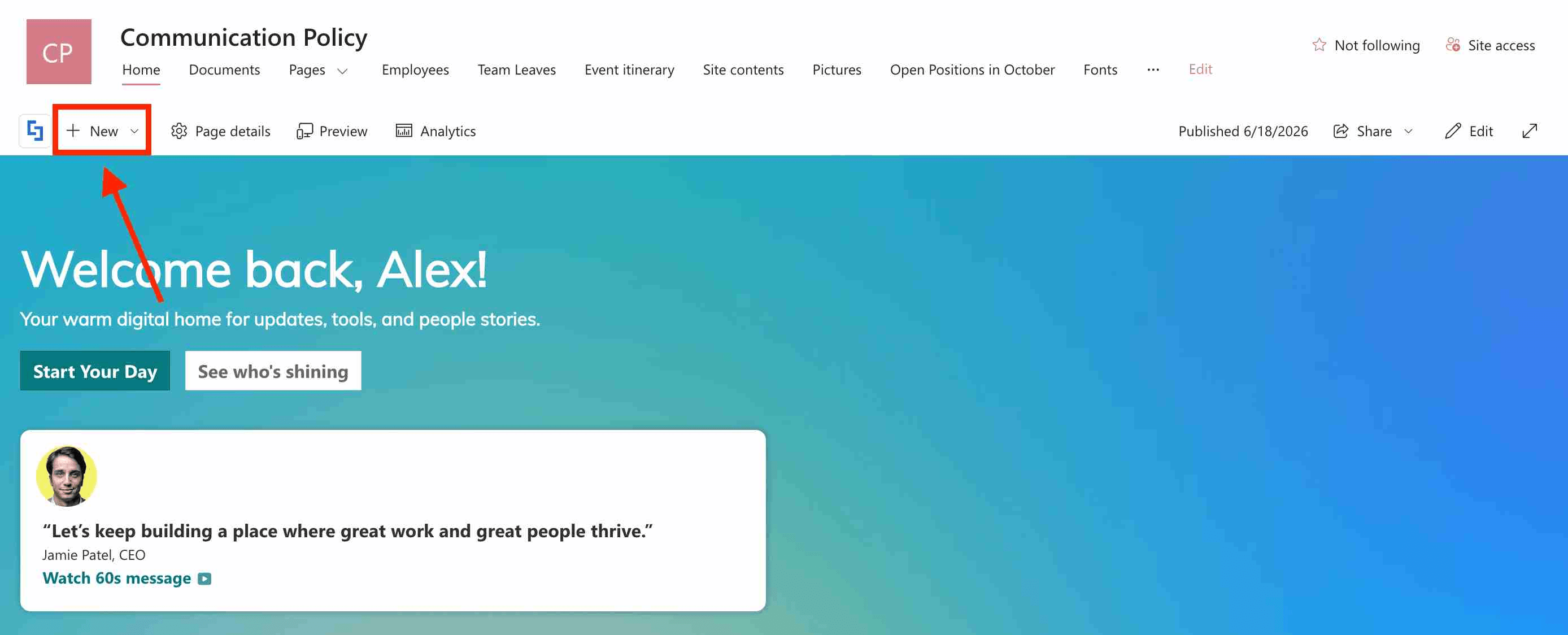 Clicking the New button on a SharePoint site to start creating a personalized quick links list