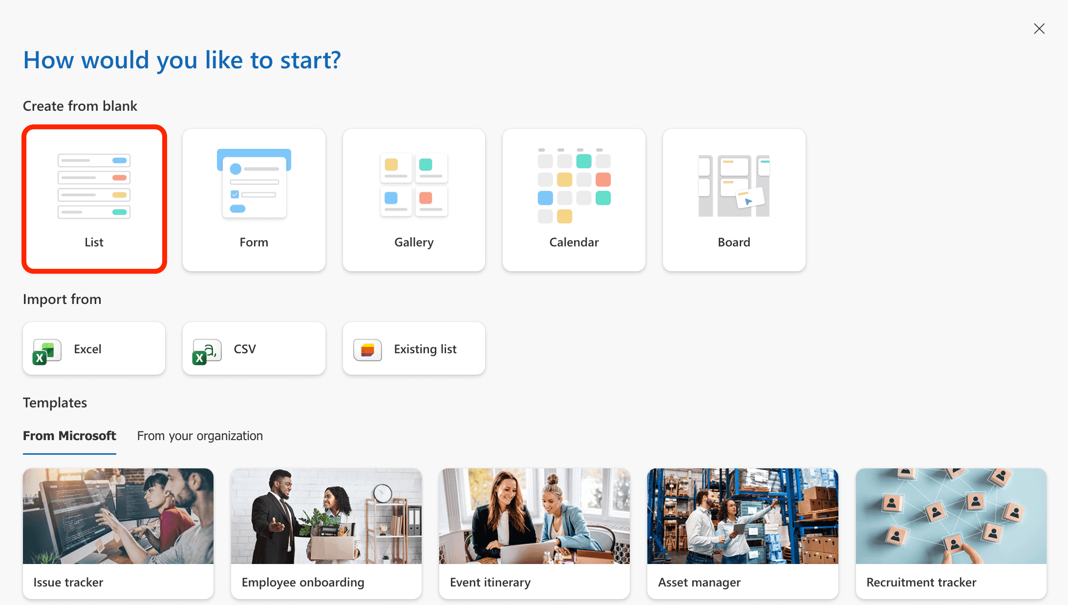 Choosing the blank List option to create a dedicated personalized quick links data repository