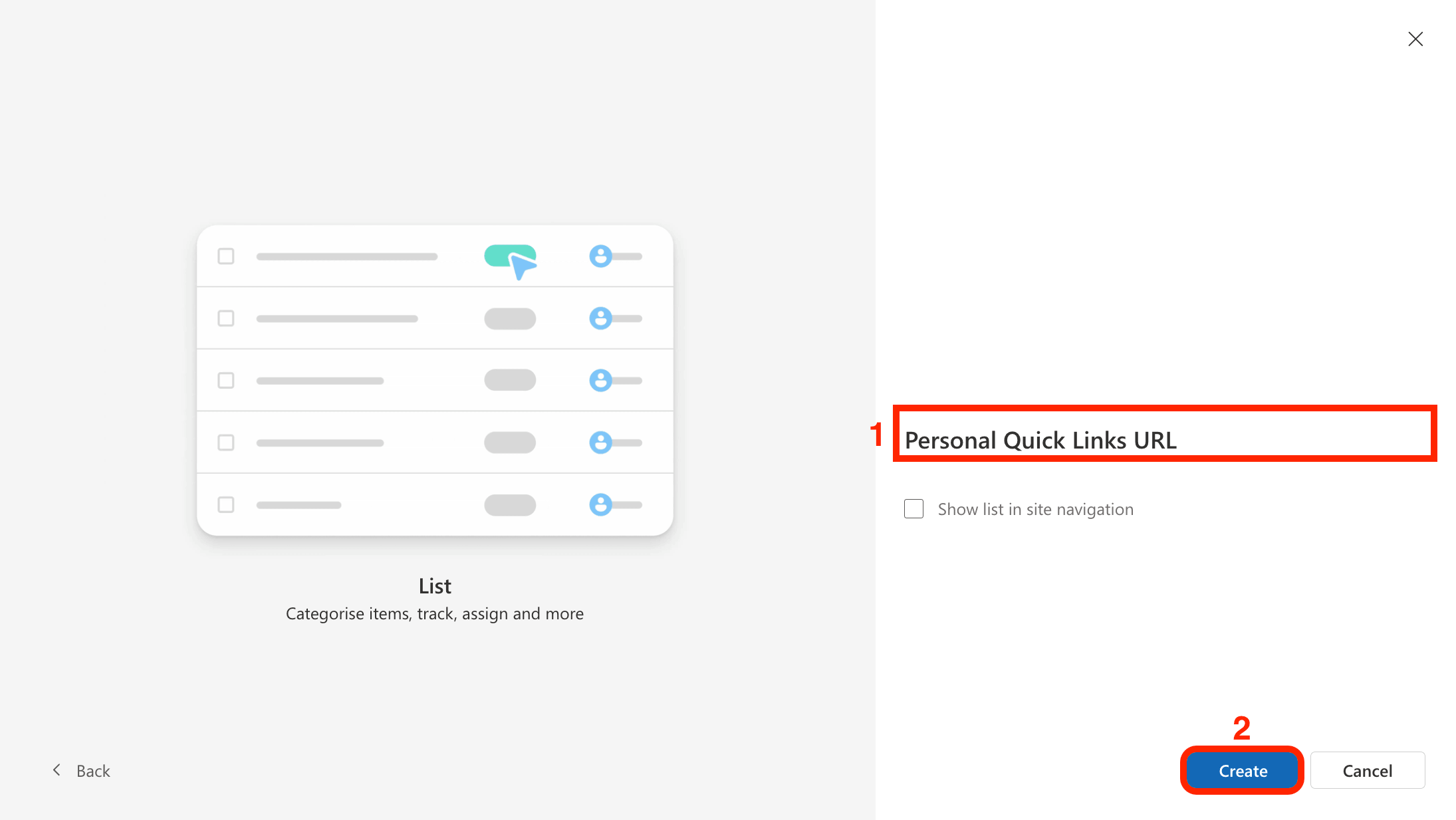 Naming the new SharePoint list Personal Quick Links URL and clicking Create