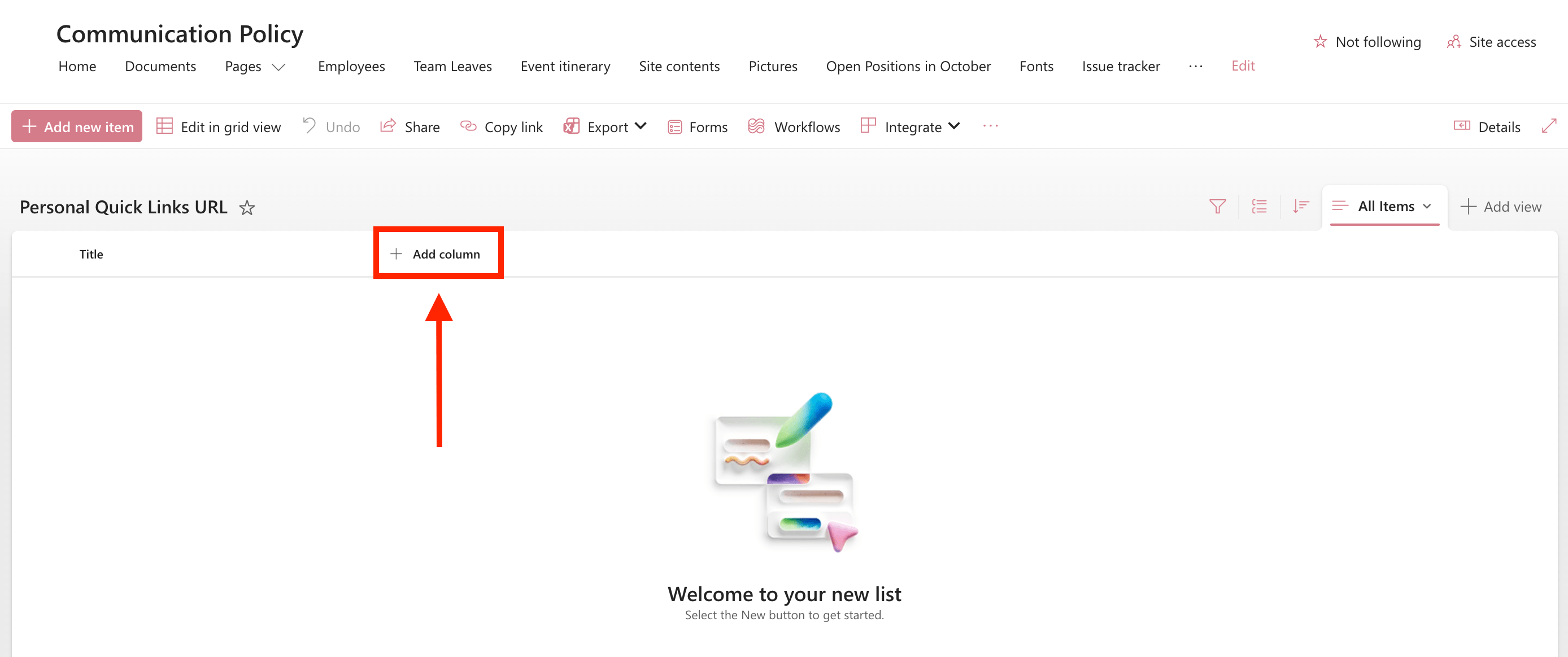 Clicking the Add column button inside the new personalized quick links list