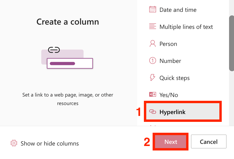 Choosing Hyperlink as the column type for web addresses in personalized quick links