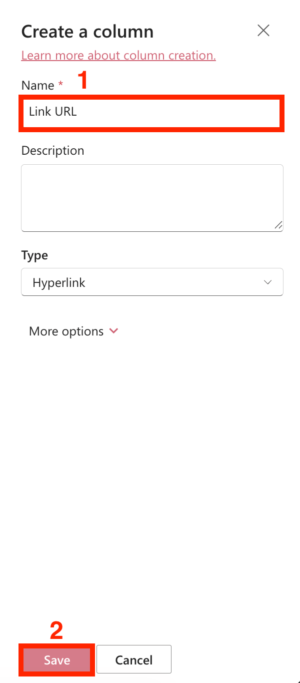 Naming the new hyperlink column Link URL and clicking Save