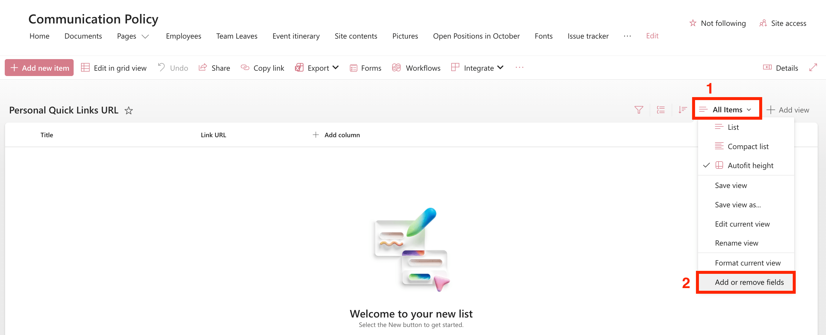 Opening the Add or remove fields menu from the All Items dropdown