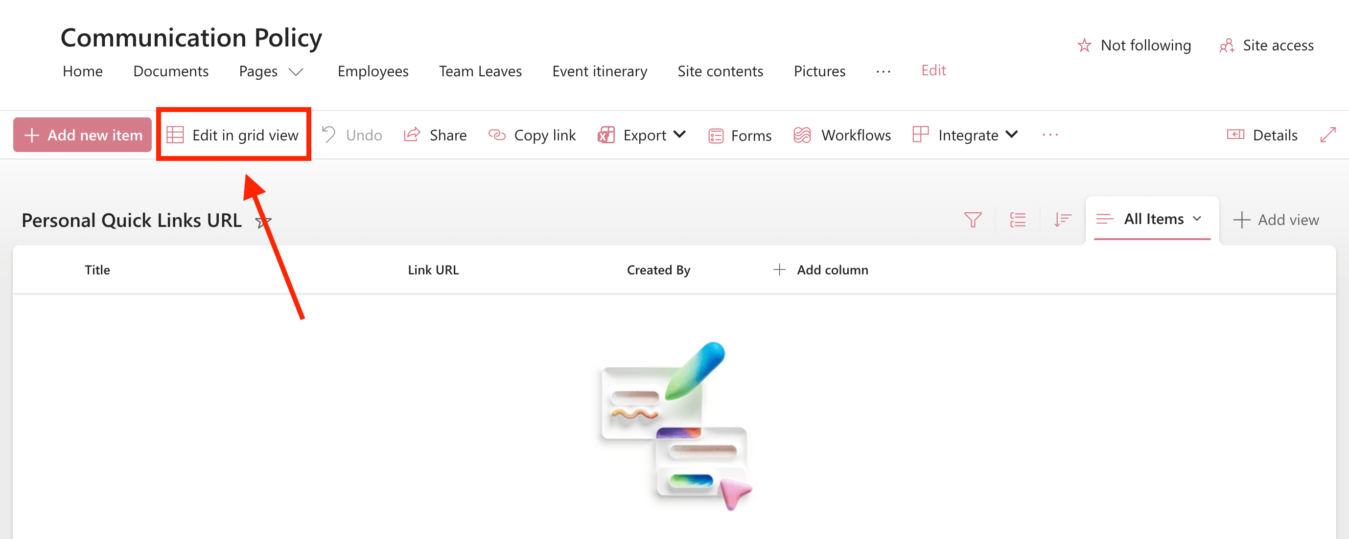 Clicking Edit in grid view to begin adding personalized quick links items