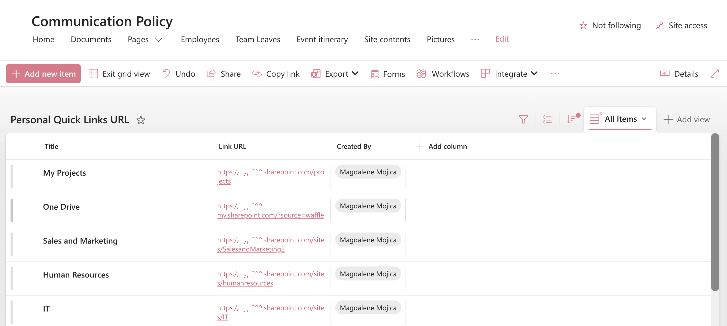 Adding friendly titles and target URLs into the personalized quick links list rows