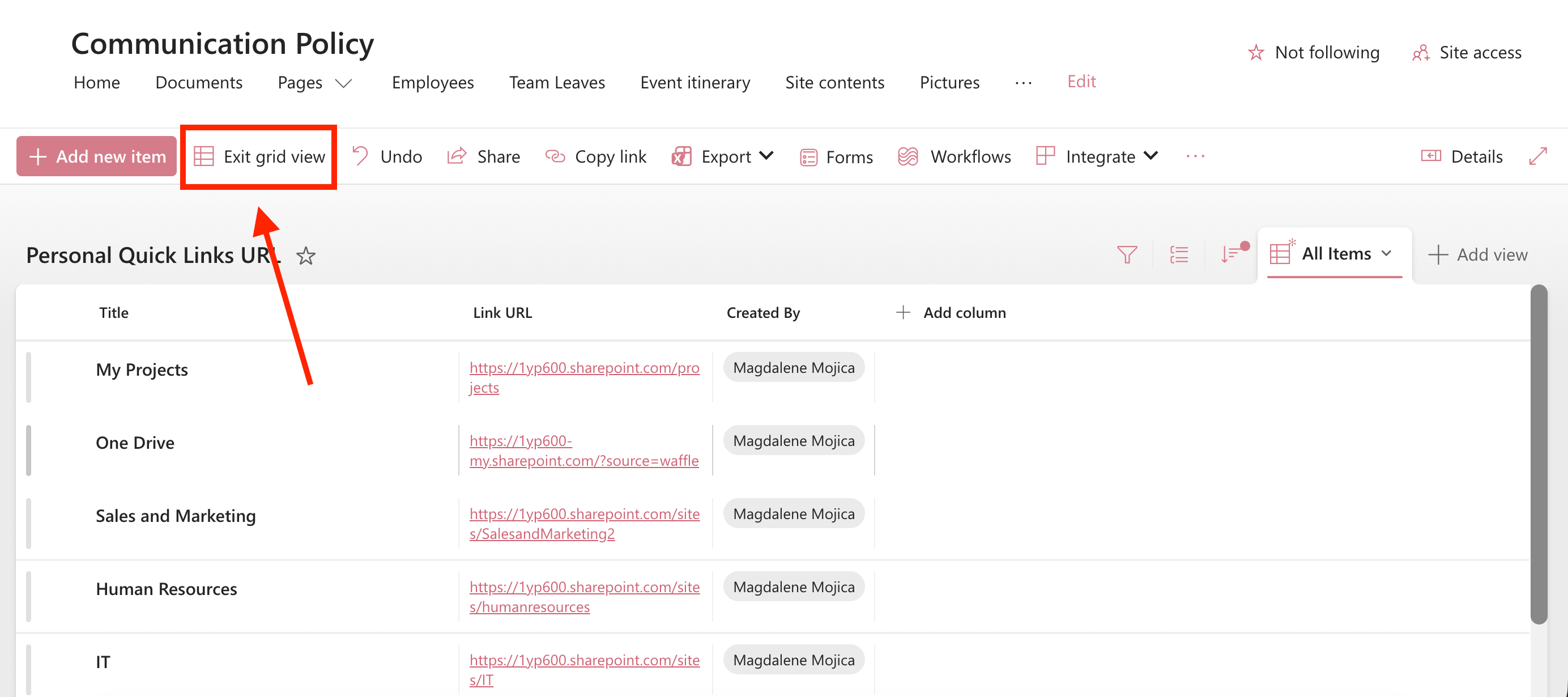 Clicking Exit grid view after saving data in the personalized quick links list