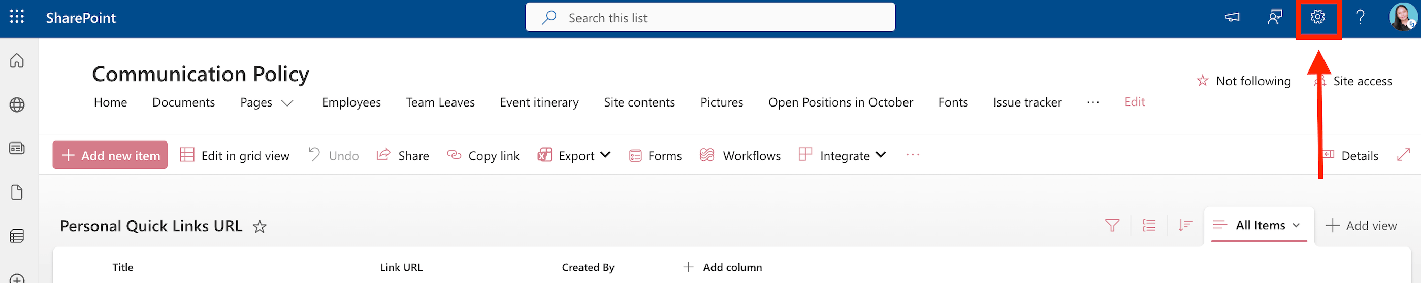 Clicking the SharePoint settings cogwheel icon to access list settings
