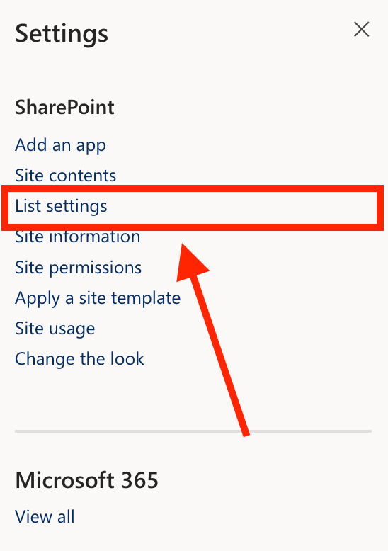 Selecting List settings from the SharePoint settings panel dropdown