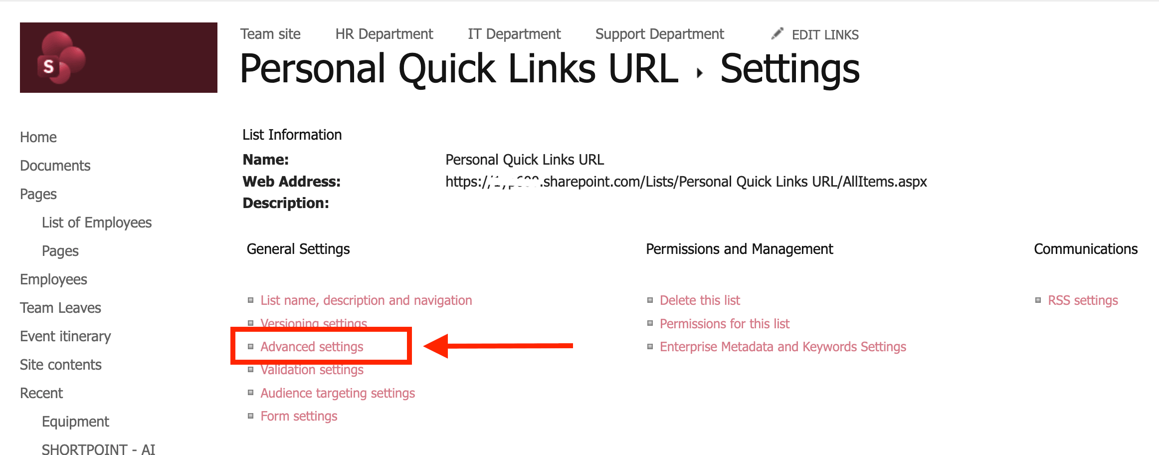 Opening the Advanced settings page for the personalized quick links list