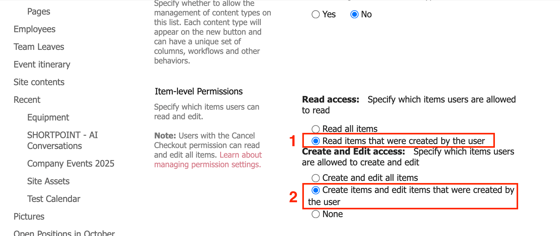 Selecting user-created item restrictions to ensure private personalized quick links read and write access