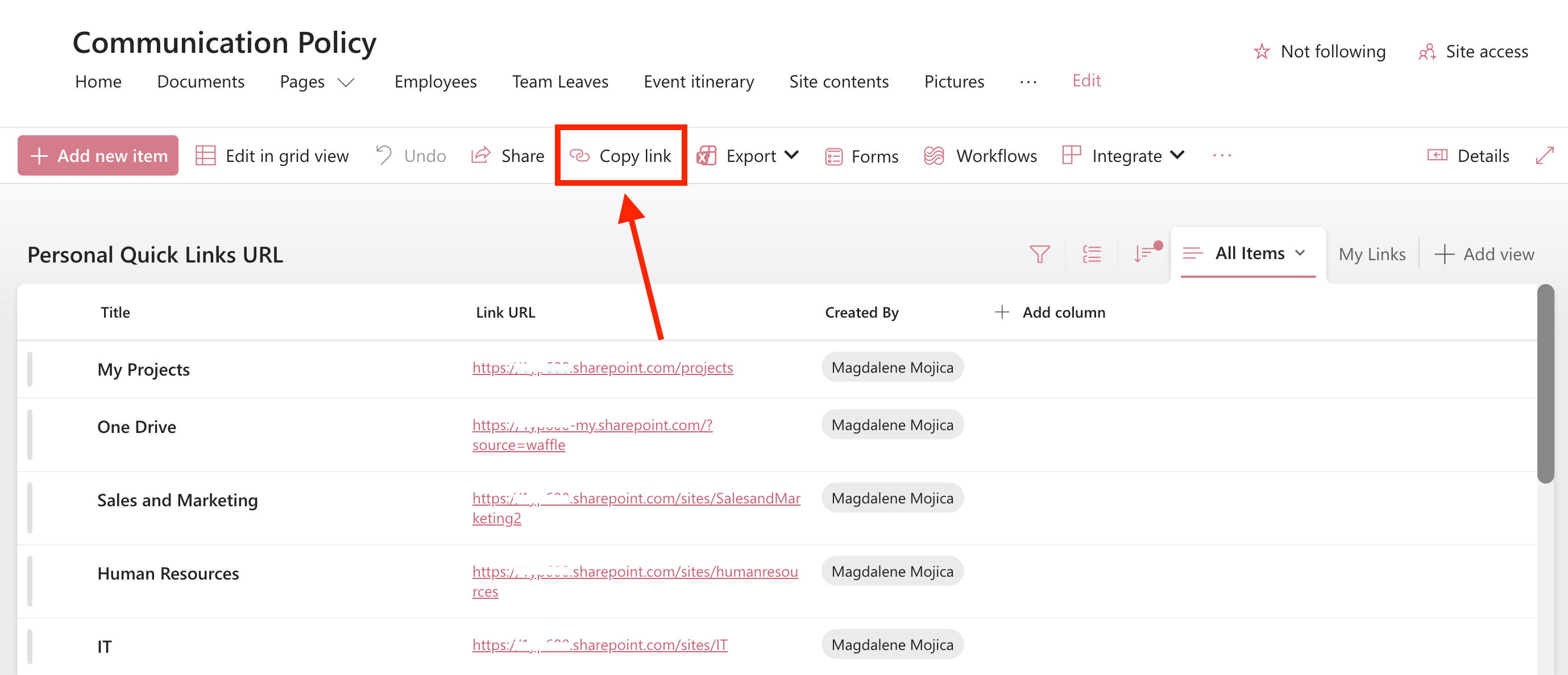Clicking Copy link to copy the URL of the personalized quick links list