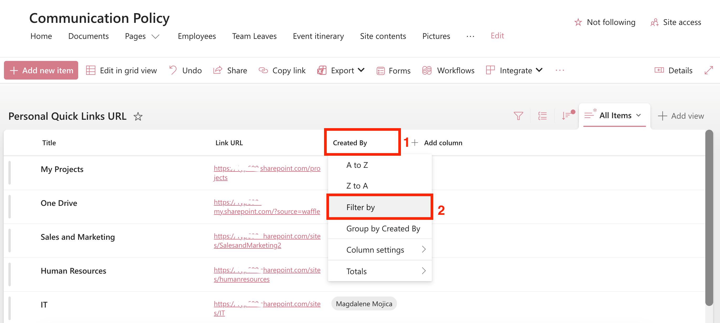 Selecting Filter by on the Created By column header to isolate user items