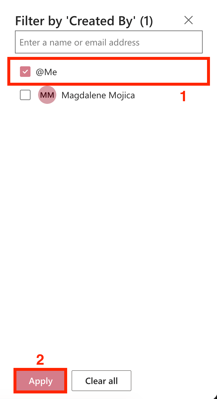 Selecting the @Me filter to show only the current user's personalized quick links