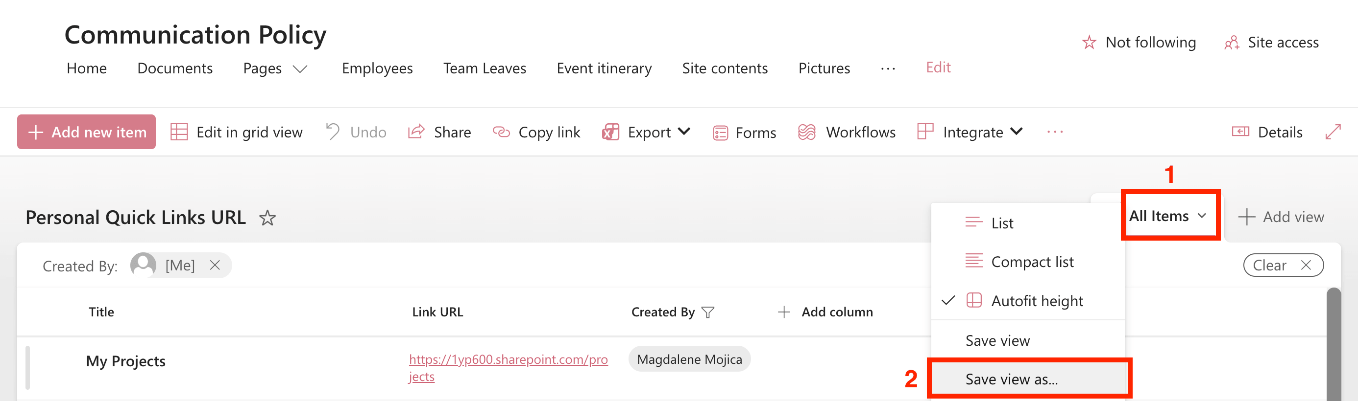 Clicking Save view as from the list view dropdown menu