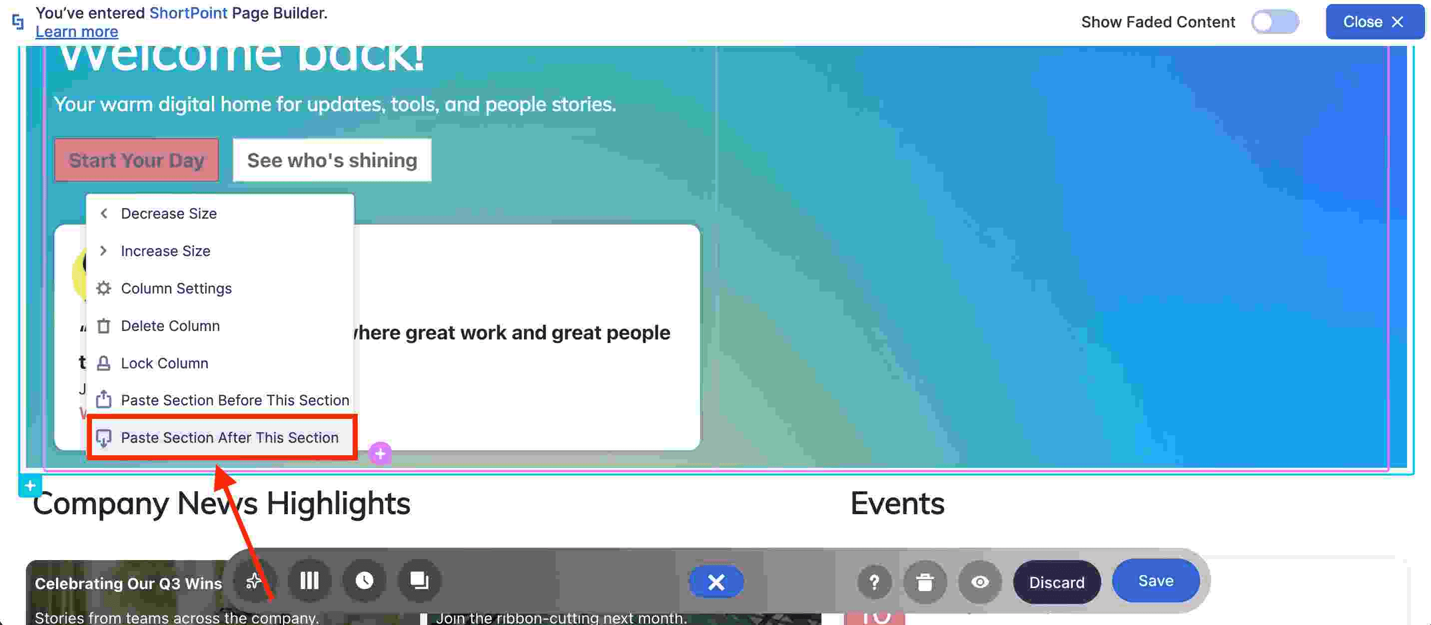 Pasting the template section code directly into ShortPoint Page Builder