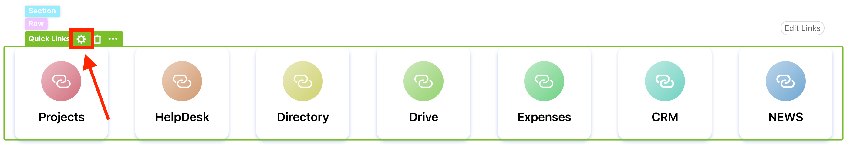 Clicking the element settings cogwheel icon on the Quick Links EasyPass toolbar