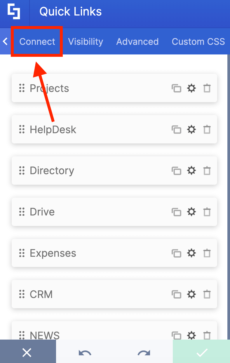 Switching to the Connect tab inside the ShortPoint Quick Links configuration panel