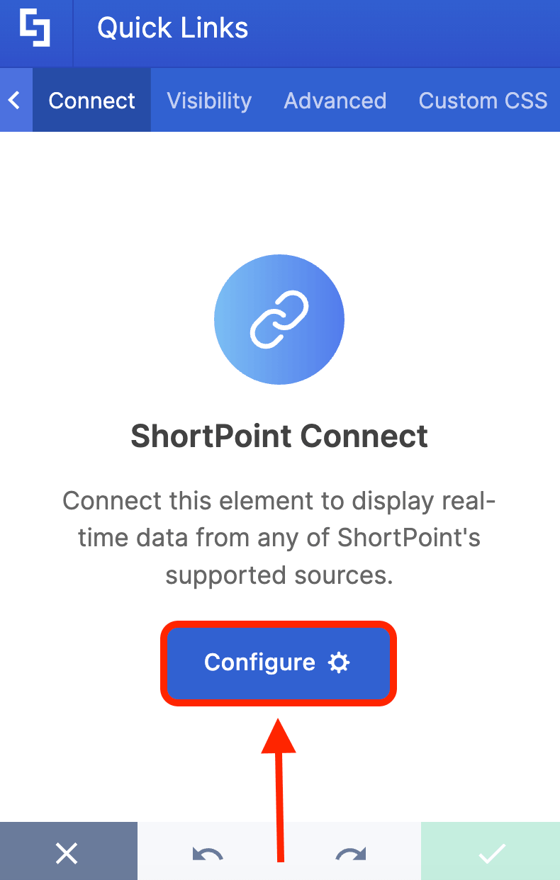 Clicking the Configure button to establish a live data connection