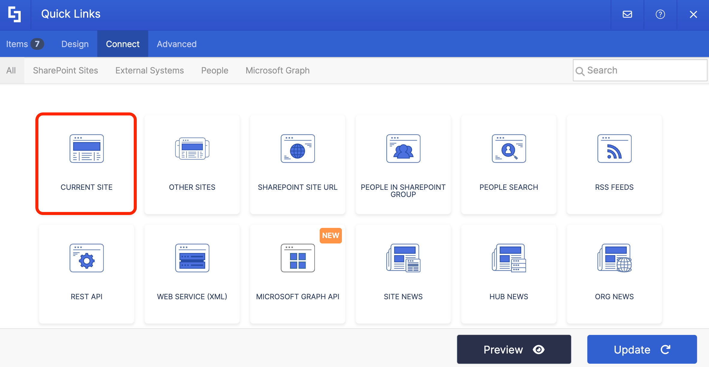 Selecting Current Site as the live data source option in ShortPoint Connect