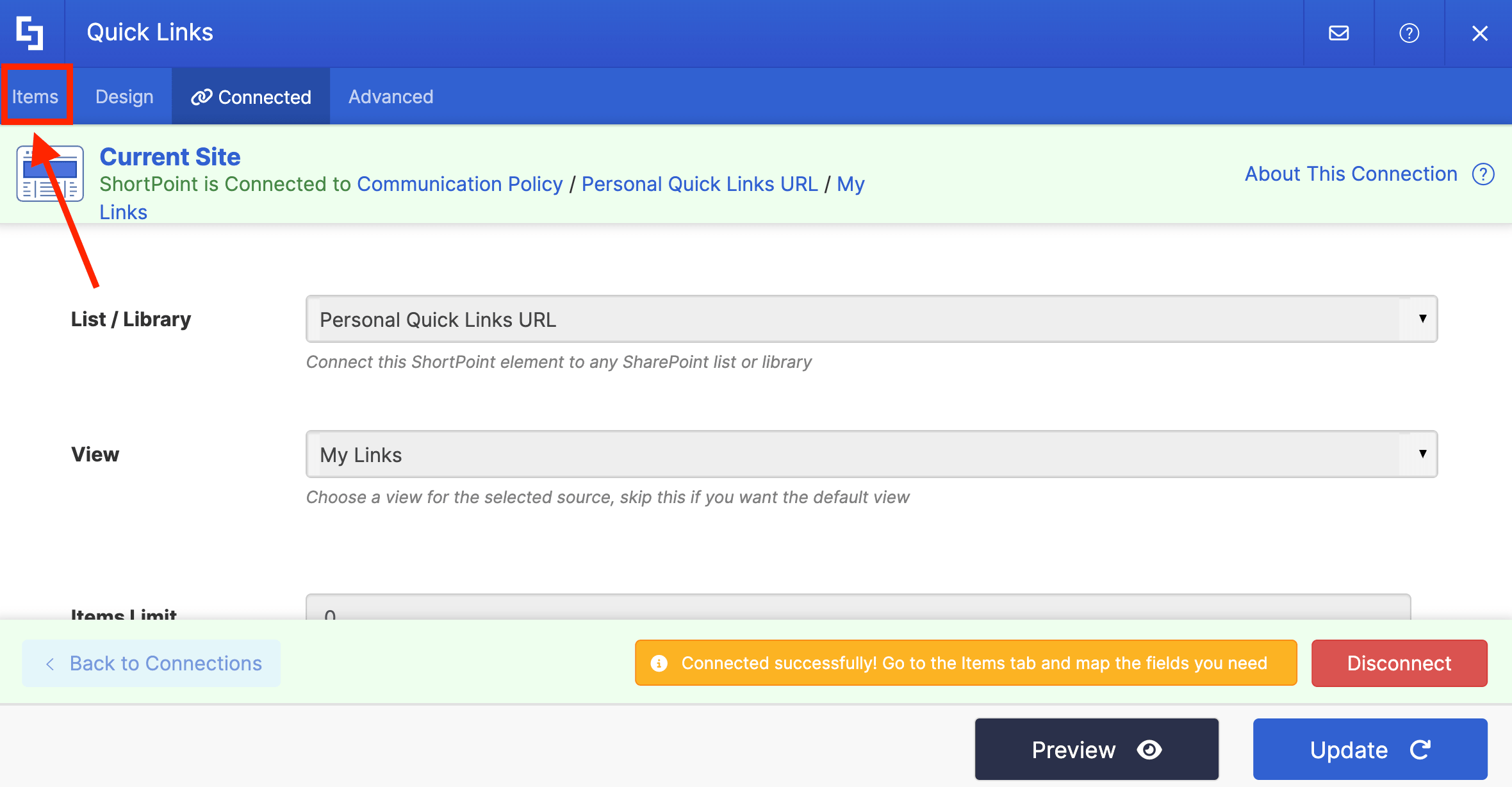 Moving to the Items tab to configure dynamic property map links