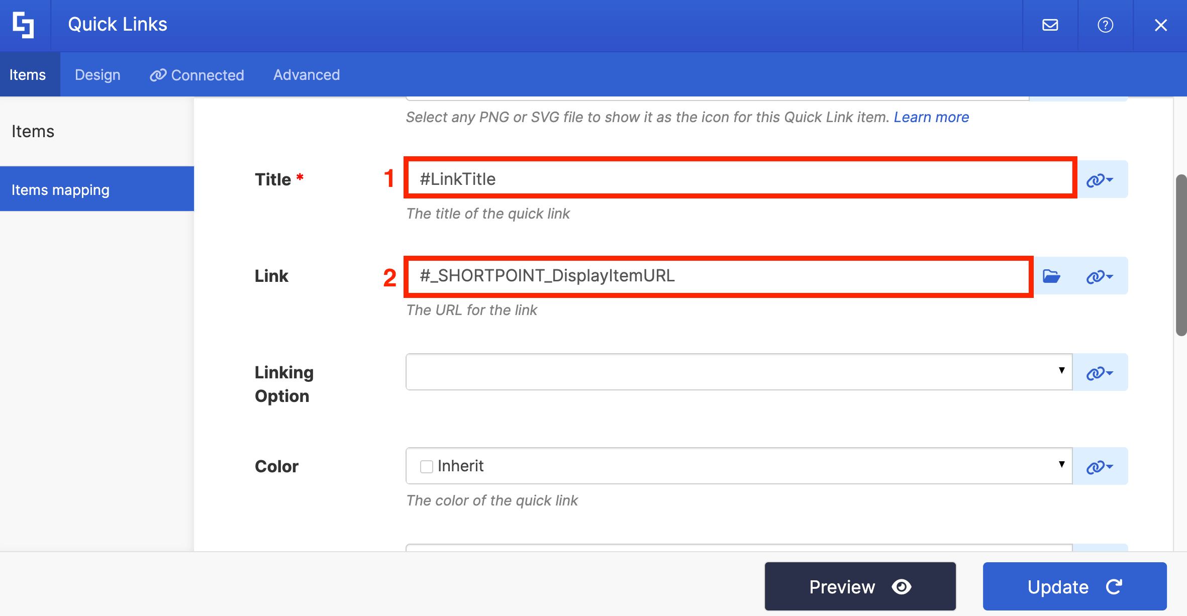 Mapping Title to LinkTitle and Link to the display item URL placeholder