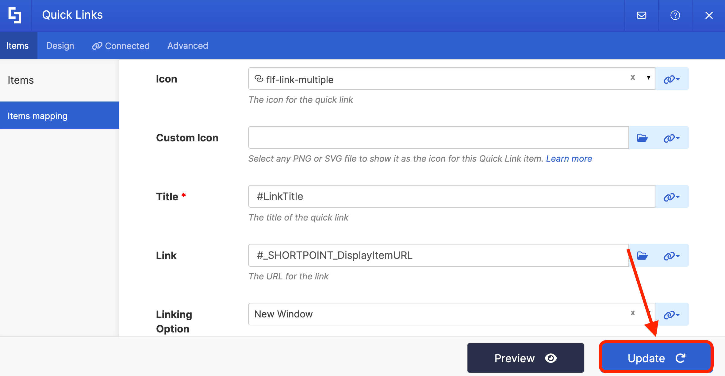 Clicking Update inside the panel to save property field configurations