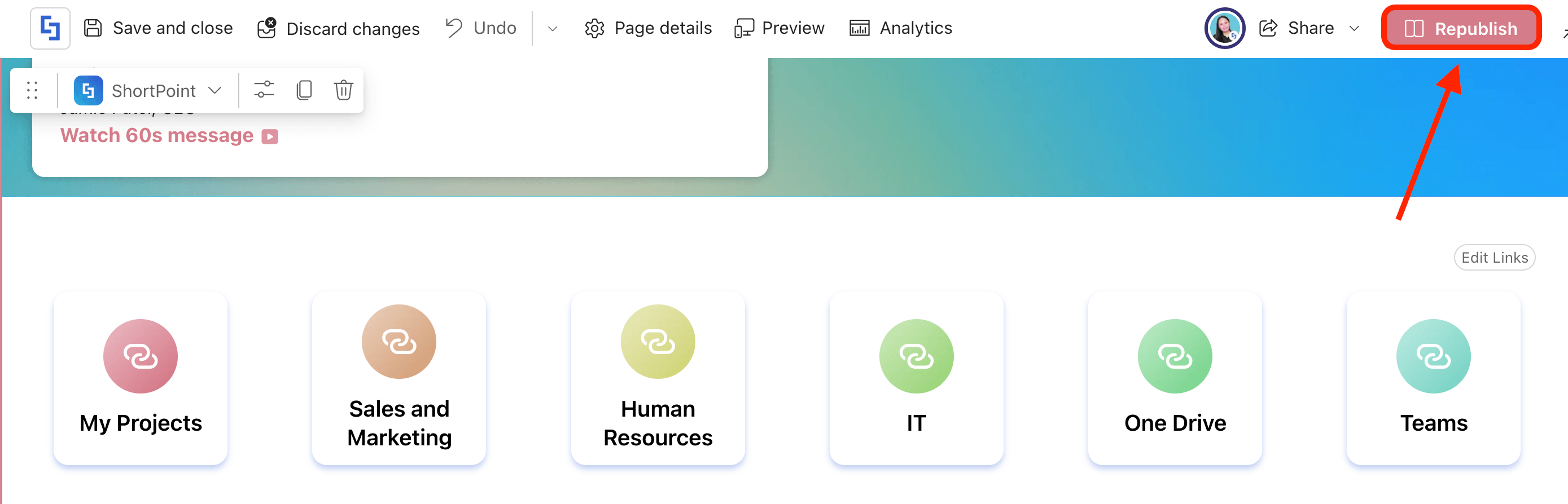 Clicking Republish on the SharePoint site header toolbar to make live layouts active
