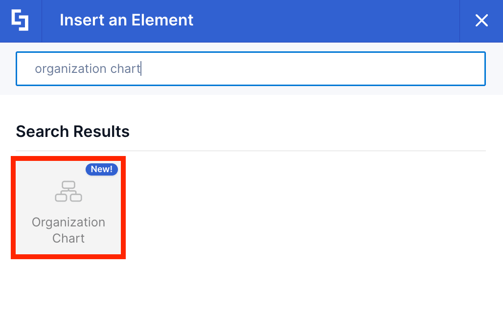 Selecting the Organization Chart element from the search results in Insert an Element panel