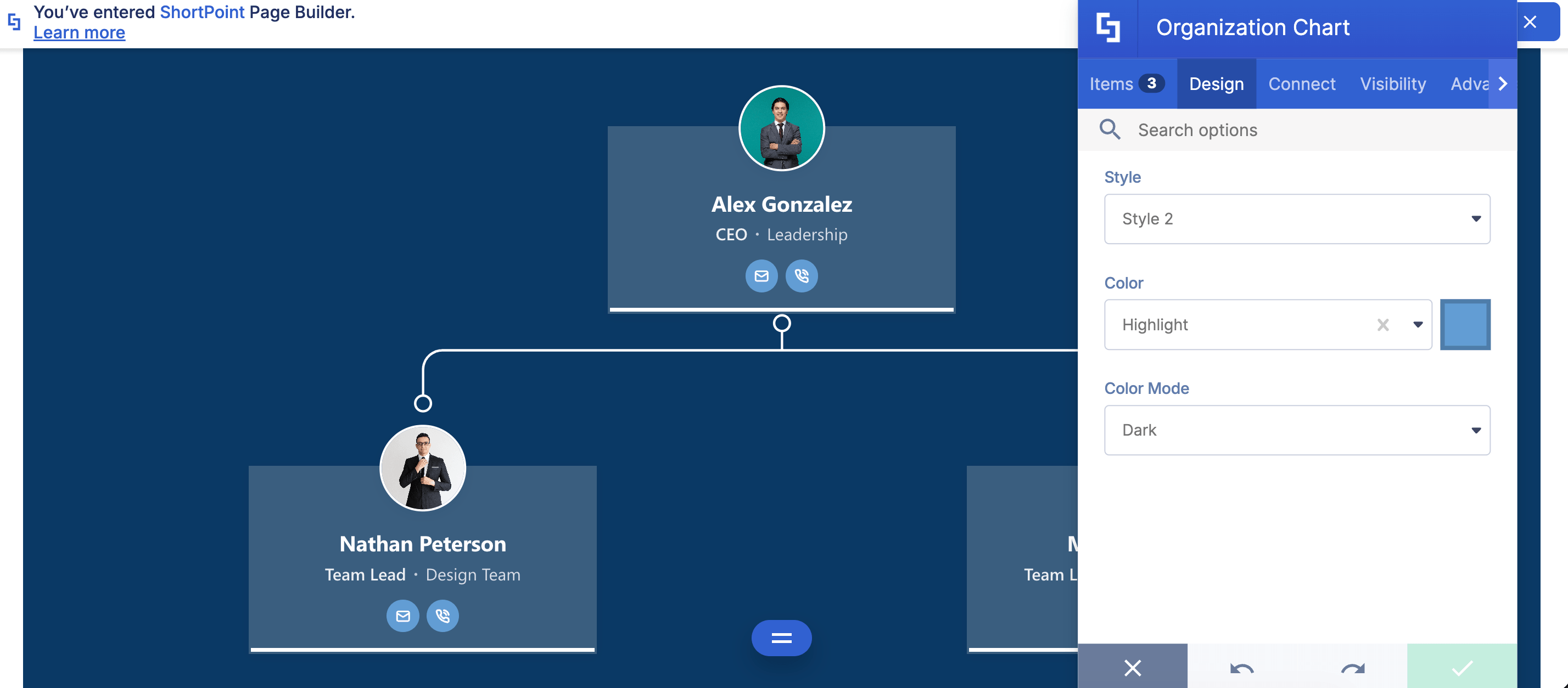 Customizing design options for the Organization Chart Design Element