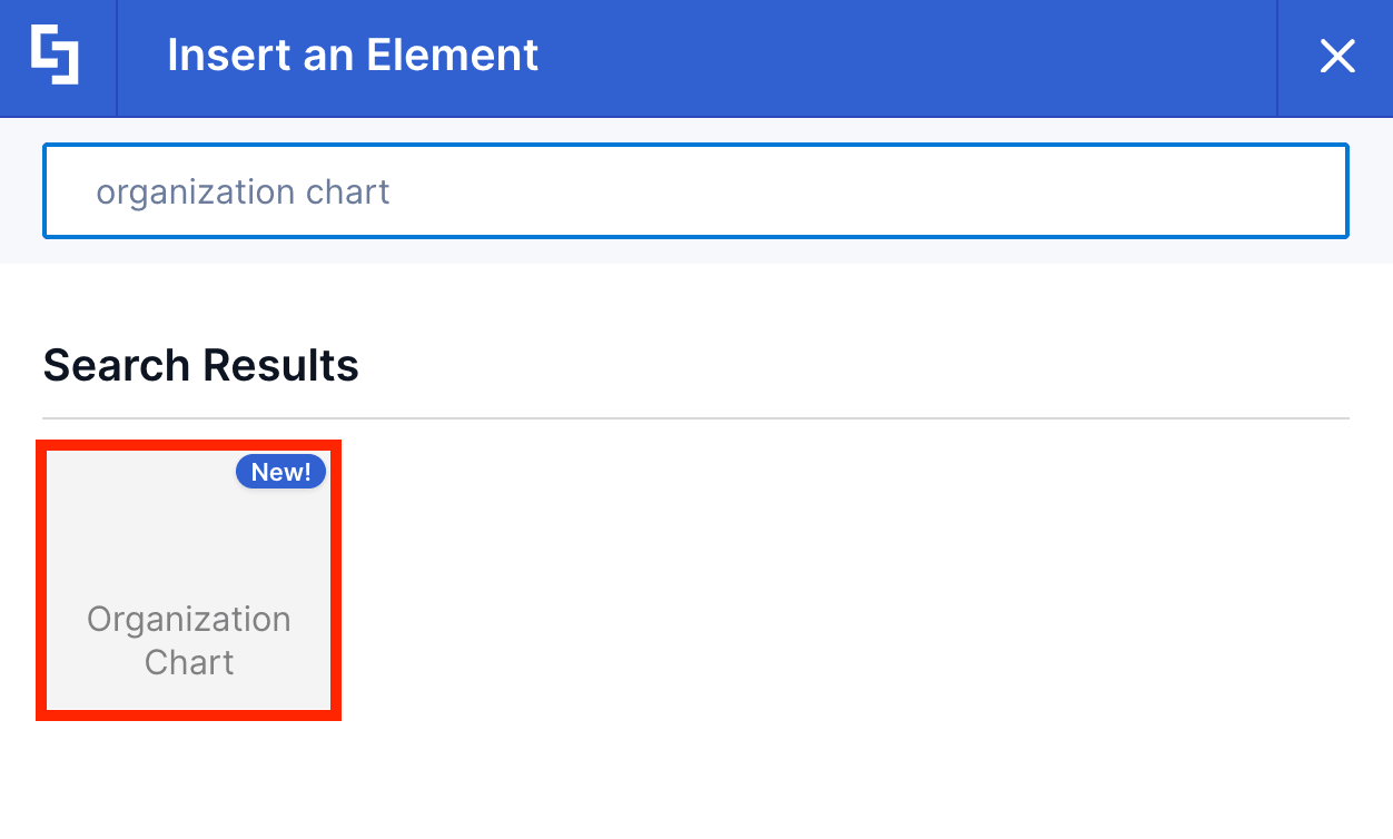 Clicking the Organization Chart card in the search results panel to insert it