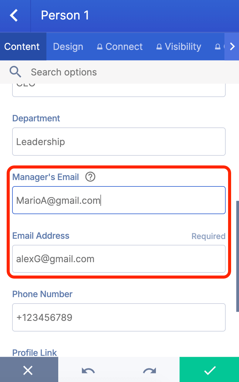 Entering the required employee email and manager email address fields to map chart branches
