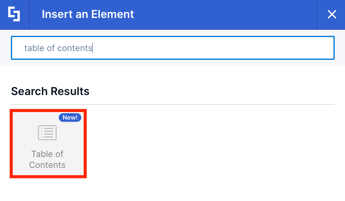 Searching for the Table of Contents Design Element inside the element library search box