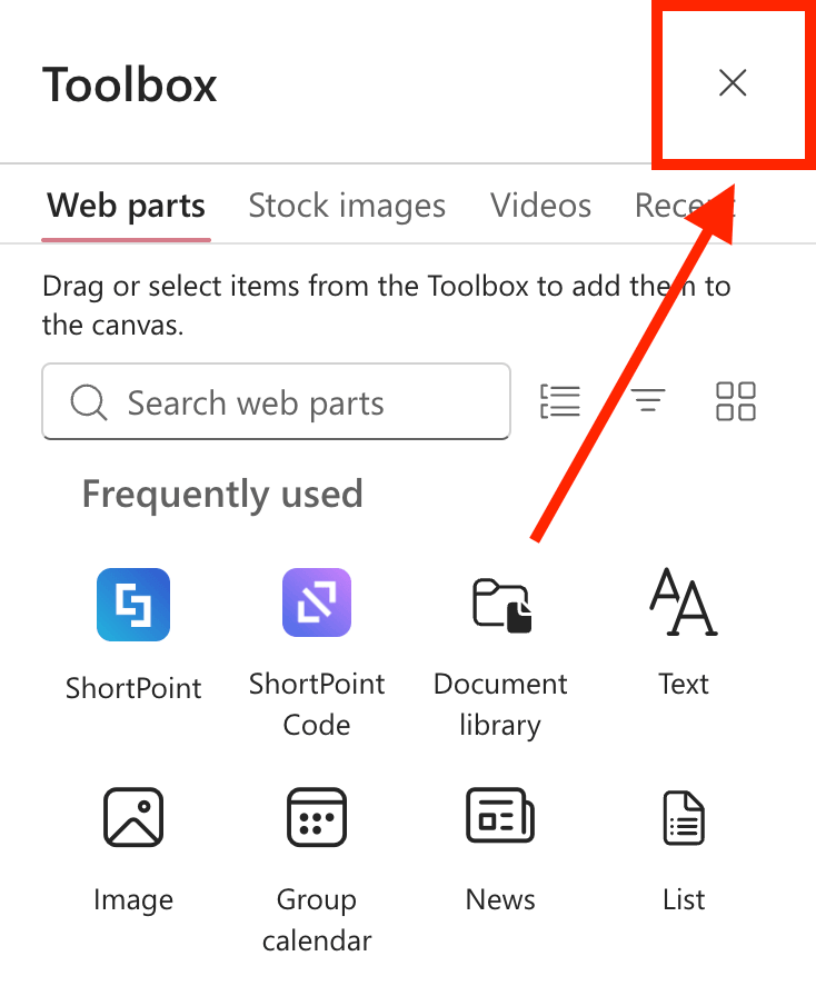 Closing the SharePoint Toolbox panel to clear the active workspace editing area