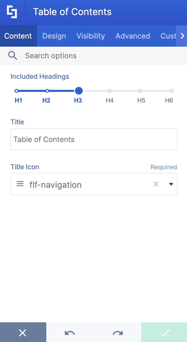 Reviewing the core layout properties available inside the Table of Contents element Content tab