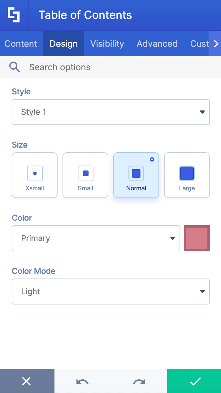 Configuring the primary style, sizes, colors, and color mode within the Design tab