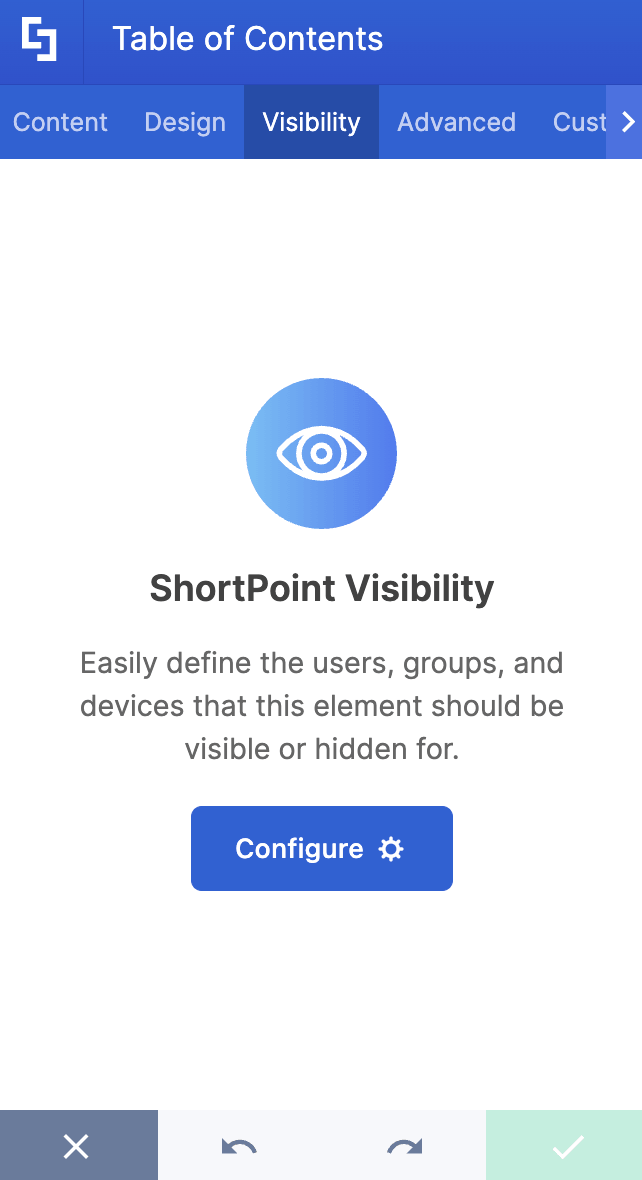 Managing user target visibility access rules inside the element properties window