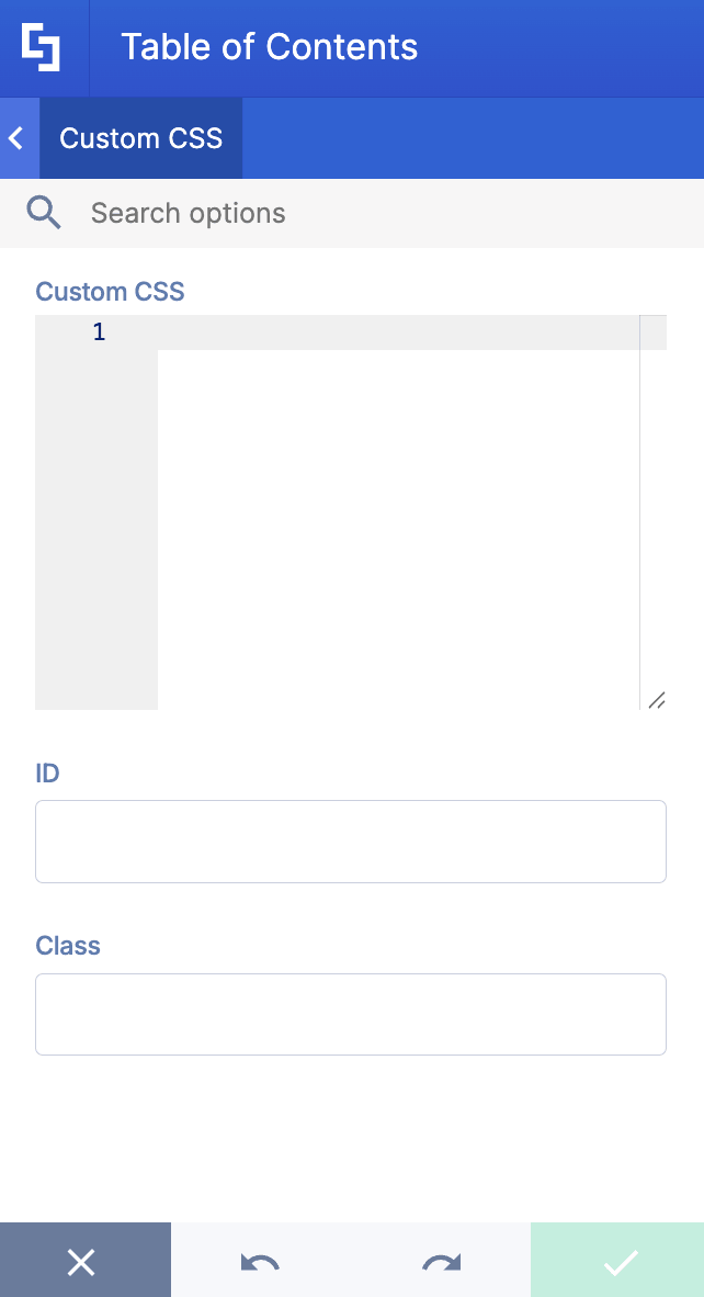 Inserting custom class names and style code fields in the Custom CSS tab