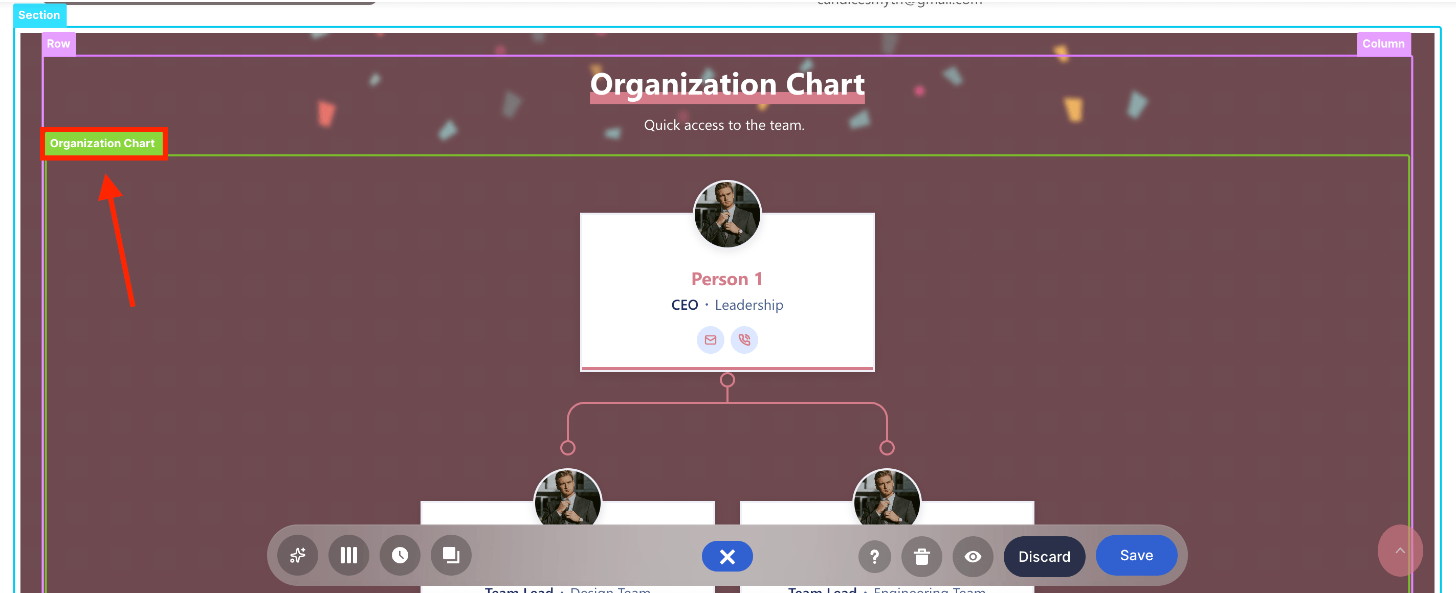 Locating the green EasyPass tag of the Organization Chart design element on the page