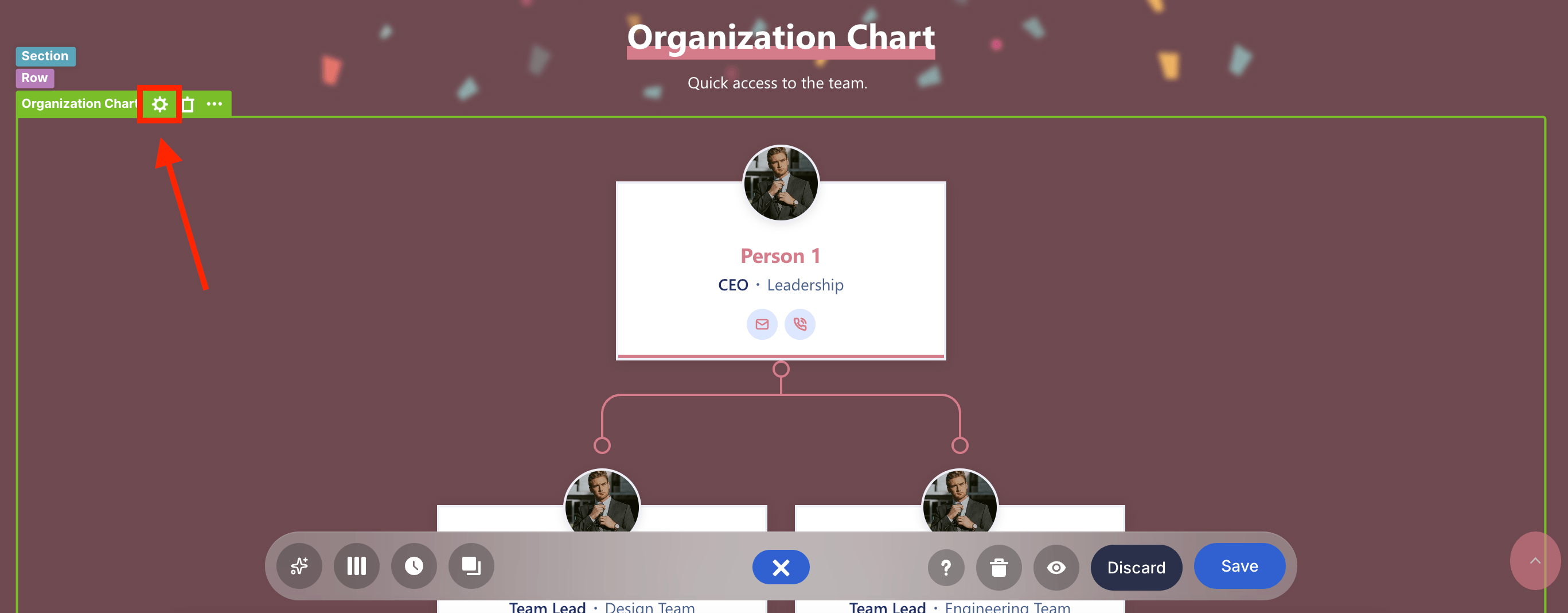 Clicking the cogwheel settings icon to configure the dynamic organization chart 