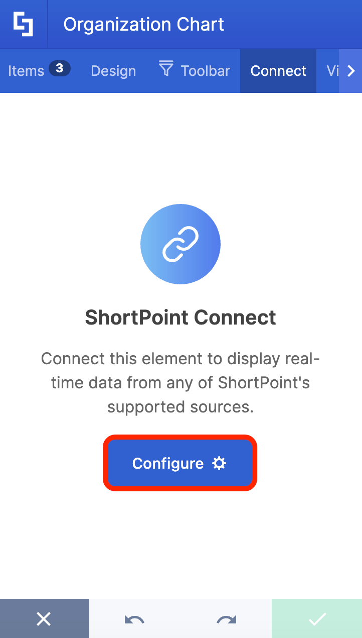 Clicking the Configure button inside the Connect tab for data integration