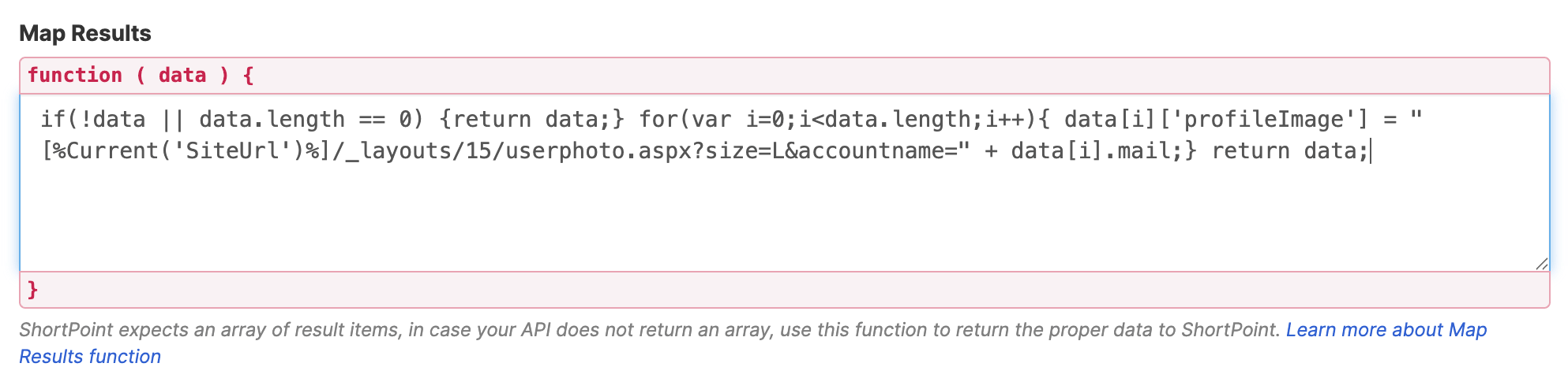 Pasting the JavaScript mapping code inside the Map Results field