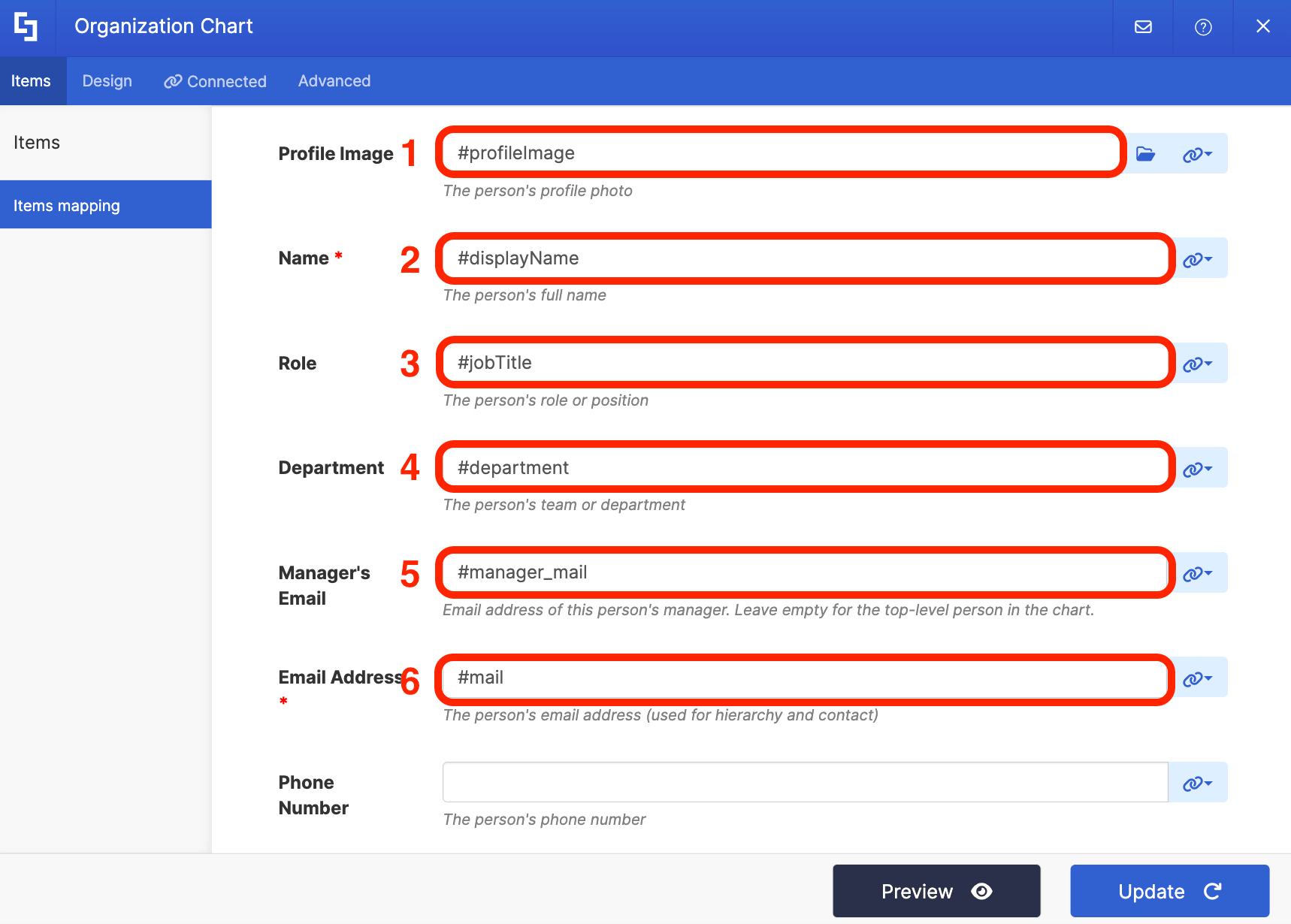 Mapping employee properties in the Items tab