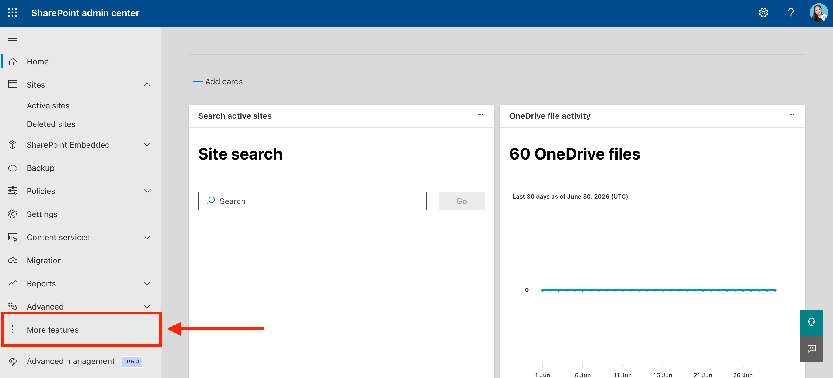 Clicking More Features in the SharePoint Admin Center side navigation panel