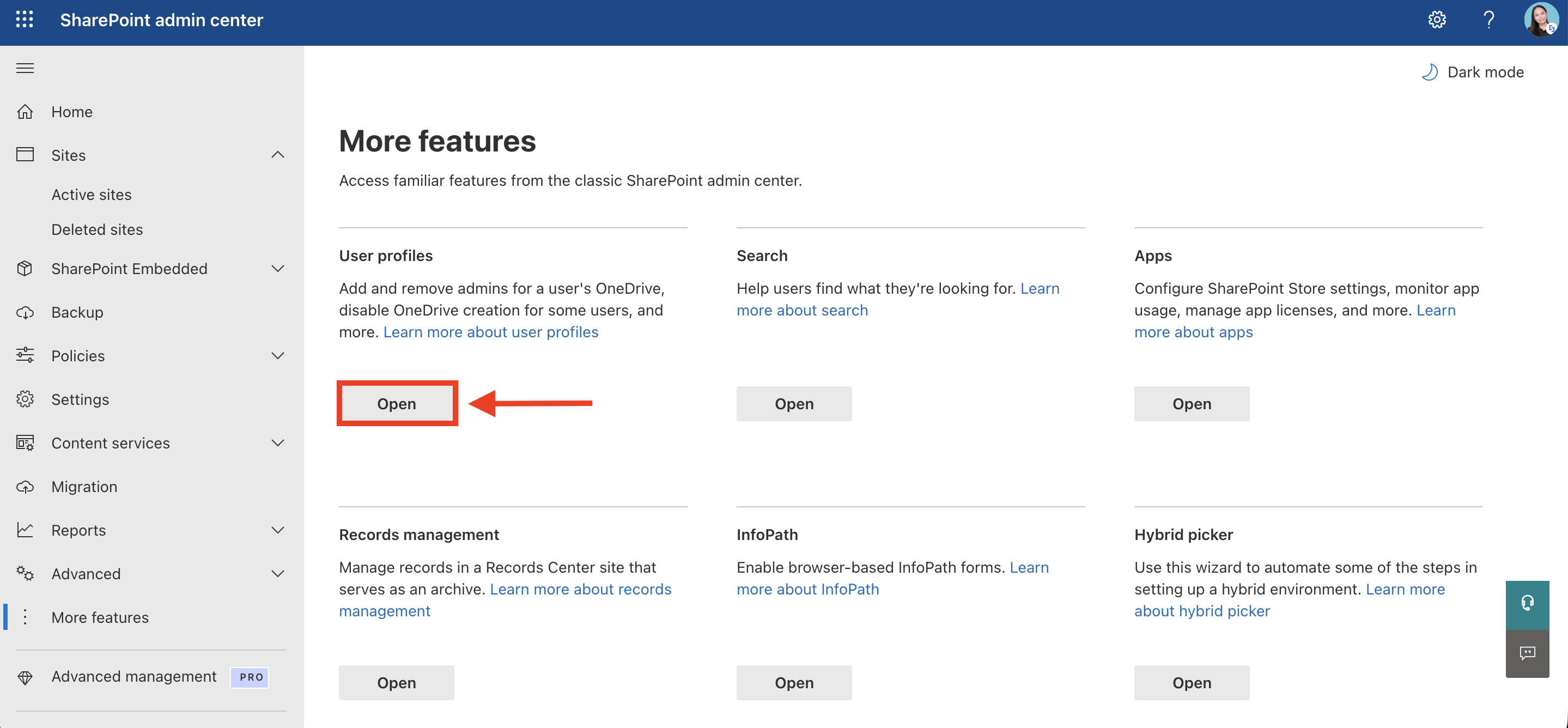 Opening the User Profiles settings page from the SharePoint admin center